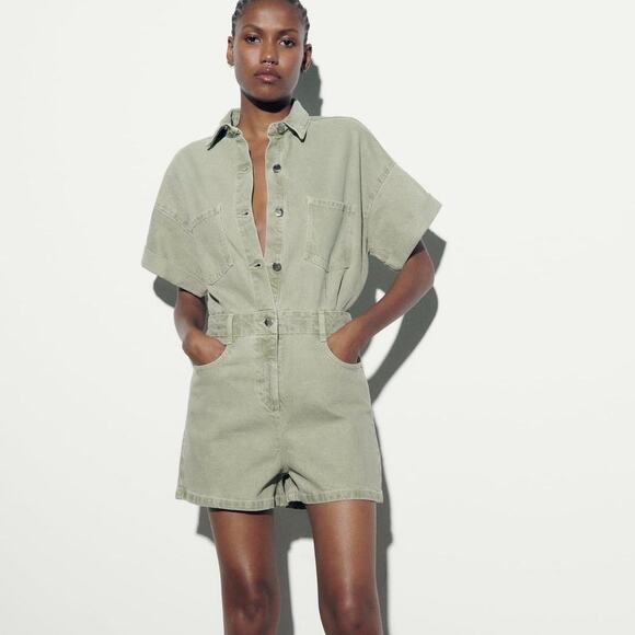 Zara Womens Military Green Denim Romper Playsuit Cowgirl Utility 90s Boho Small - Picture 1 of 10